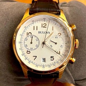 Bulova Mens Classic 43mm Bronze Stainless Steel Brown Leather Band Chronograph